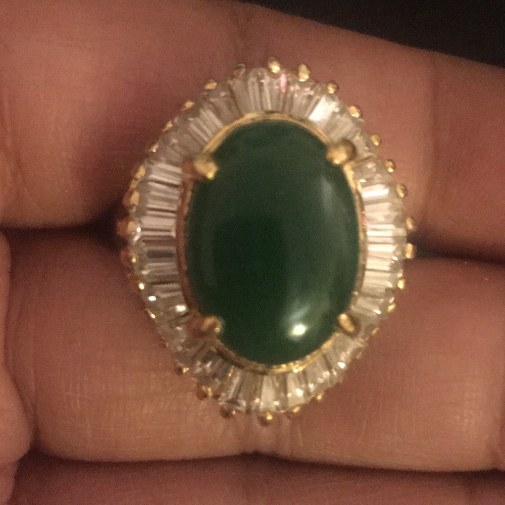 18KGF Natural Imperial Jade with Baguette CZ Ring.